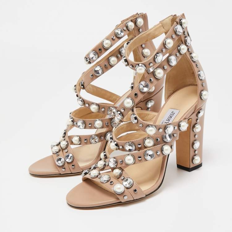 Pre Owned Jimmy Choo Beige Leather Pearl/Crystal Embellished Moore Ankle Strap Sandals Size 38