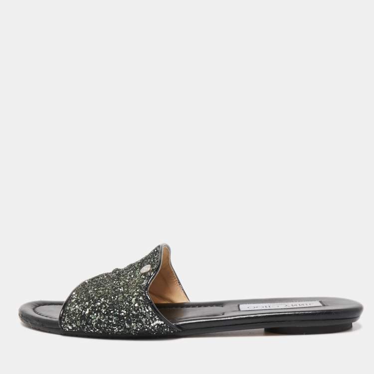 Jimmy Choo Green/Silver Glitter Nanda Flat Slides Size 38.5 Jimmy Choo ...