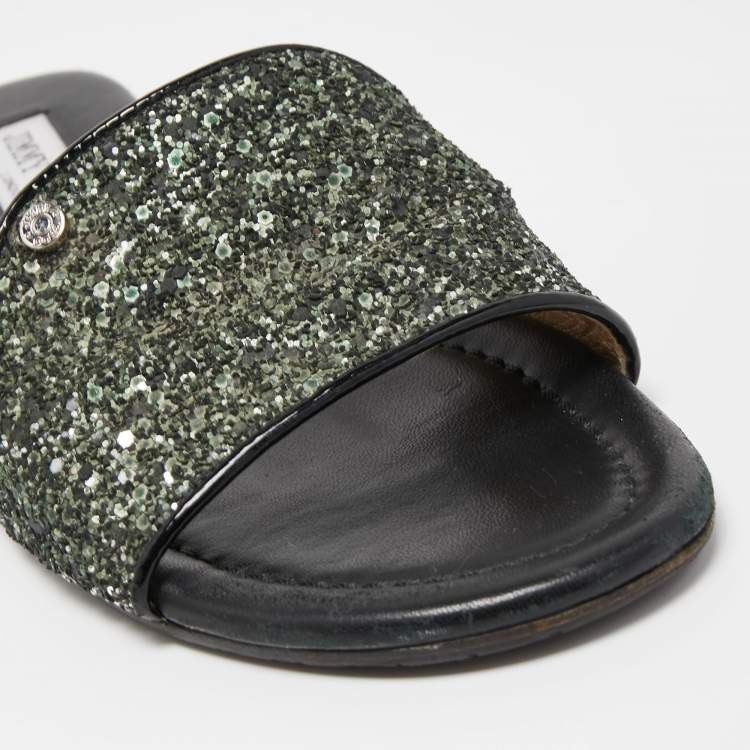 Pre Owned Jimmy Choo Green/Silver Glitter Nanda Flat Slides Size 38.5