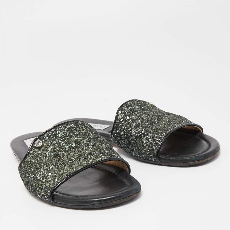 Pre Owned Jimmy Choo Green/Silver Glitter Nanda Flat Slides Size 38.5