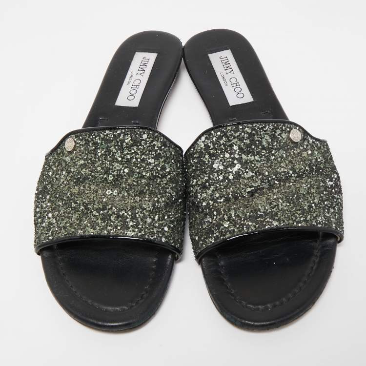 Pre Owned Jimmy Choo Green/Silver Glitter Nanda Flat Slides Size 38.5