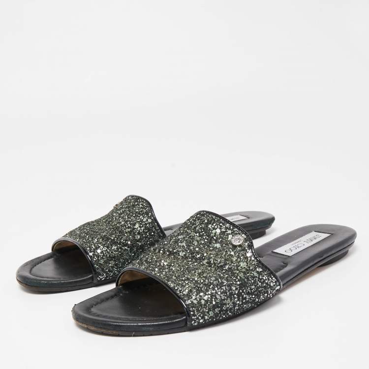 Pre Owned Jimmy Choo Green/Silver Glitter Nanda Flat Slides Size 38.5