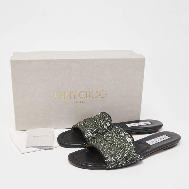 Pre Owned Jimmy Choo Green/Silver Glitter Nanda Flat Slides Size 38.5