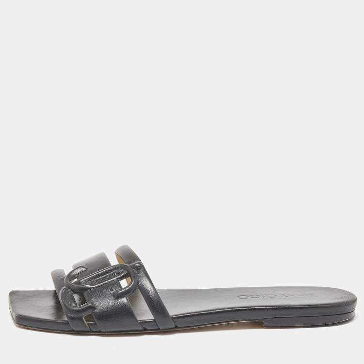 Pre Owned Jimmy Choo Black Leather Laran Flat Slides Size 38
