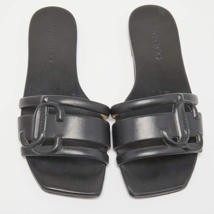 Pre Owned Jimmy Choo Black Leather Laran Flat Slides Size 38