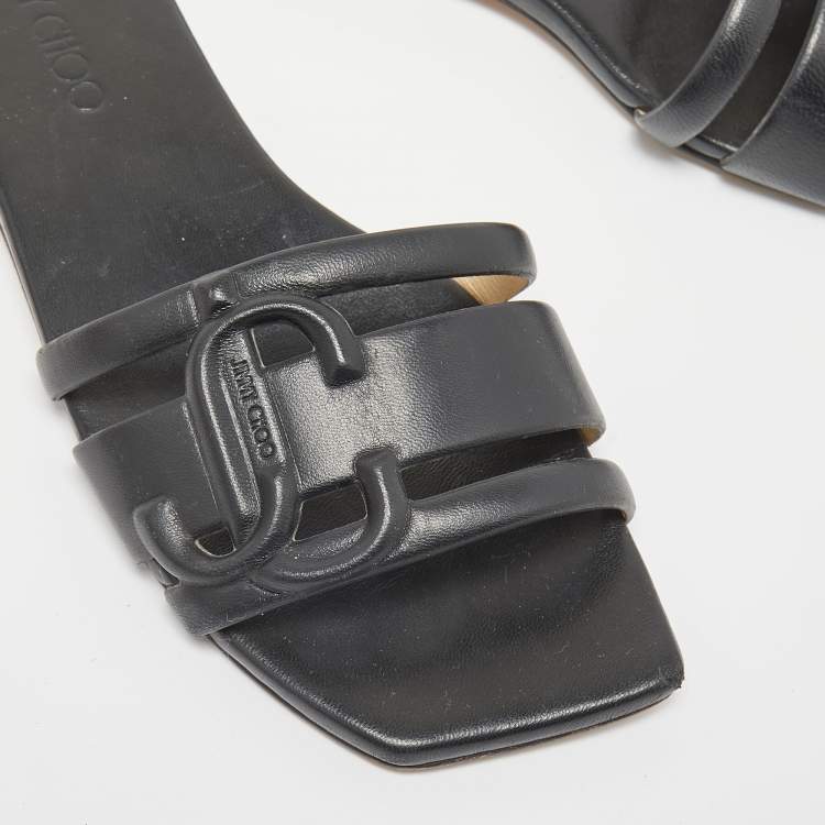 Pre Owned Jimmy Choo Black Leather Laran Flat Slides Size 38