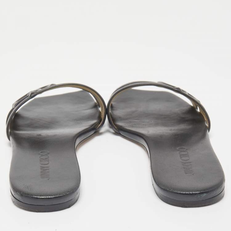 Pre Owned Jimmy Choo Black Leather Laran Flat Slides Size 38