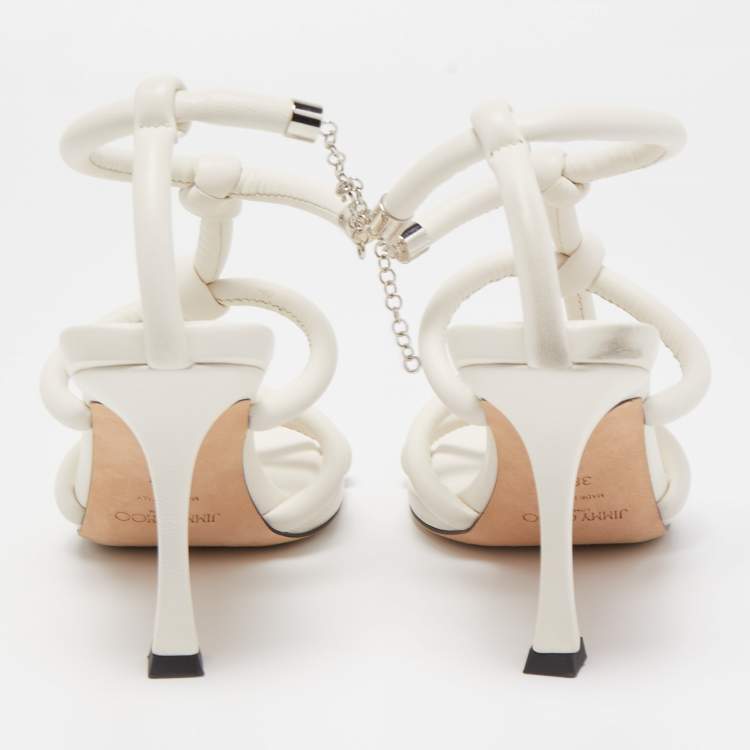 Pre Owned Jimmy Choo White Leather Knot Detail Bay Ankle Strap Sandal Size 38.5