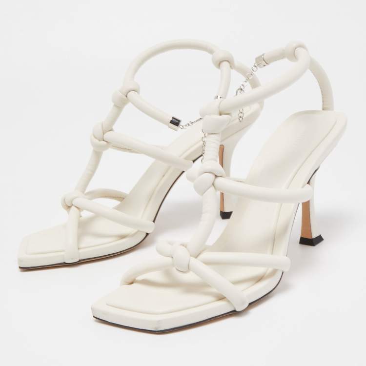 Pre Owned Jimmy Choo White Leather Knot Detail Bay Ankle Strap Sandal Size 38.5