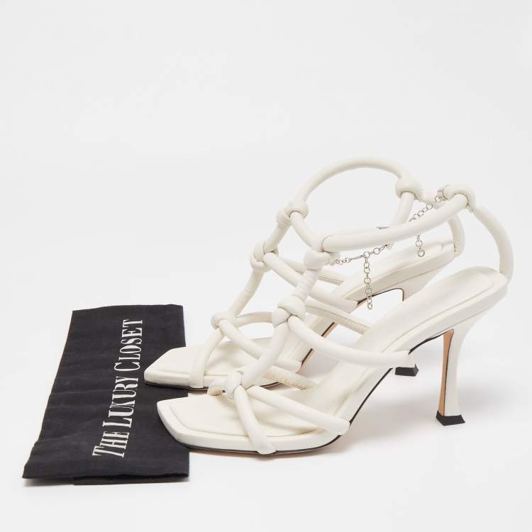 Pre Owned Jimmy Choo White Leather Knot Detail Bay Ankle Strap Sandal Size 38.5