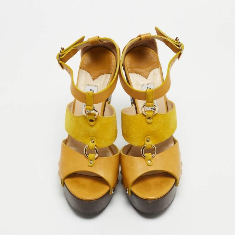 Pre Owned Jimmy Choo Yellow Leather and Suede Platform Ankle Strap Sandals Size 37.5