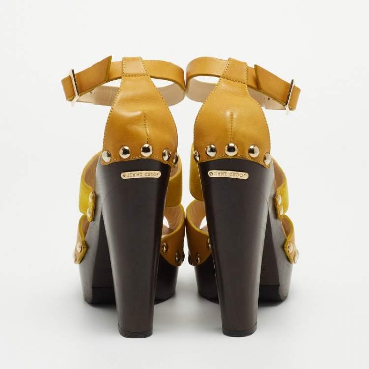 Pre Owned Jimmy Choo Yellow Leather and Suede Platform Ankle Strap Sandals Size 37.5