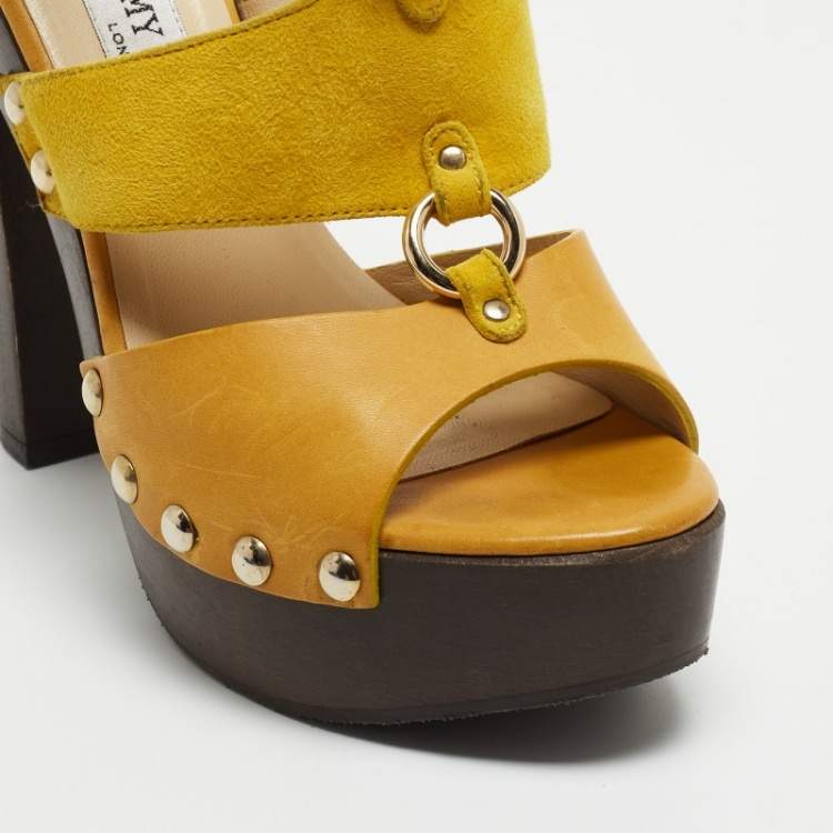 Pre Owned Jimmy Choo Yellow Leather and Suede Platform Ankle Strap Sandals Size 37.5