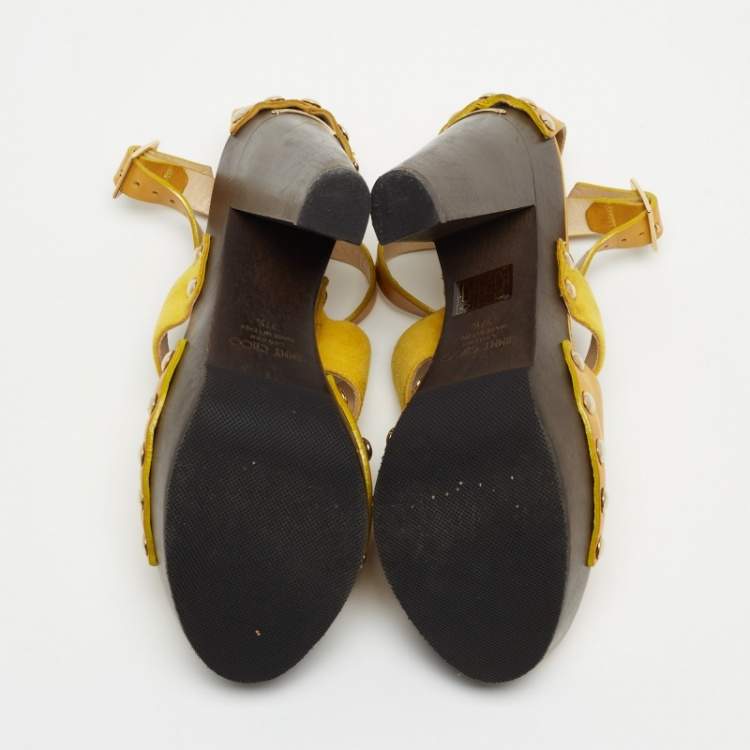 Pre Owned Jimmy Choo Yellow Leather and Suede Platform Ankle Strap Sandals Size 37.5