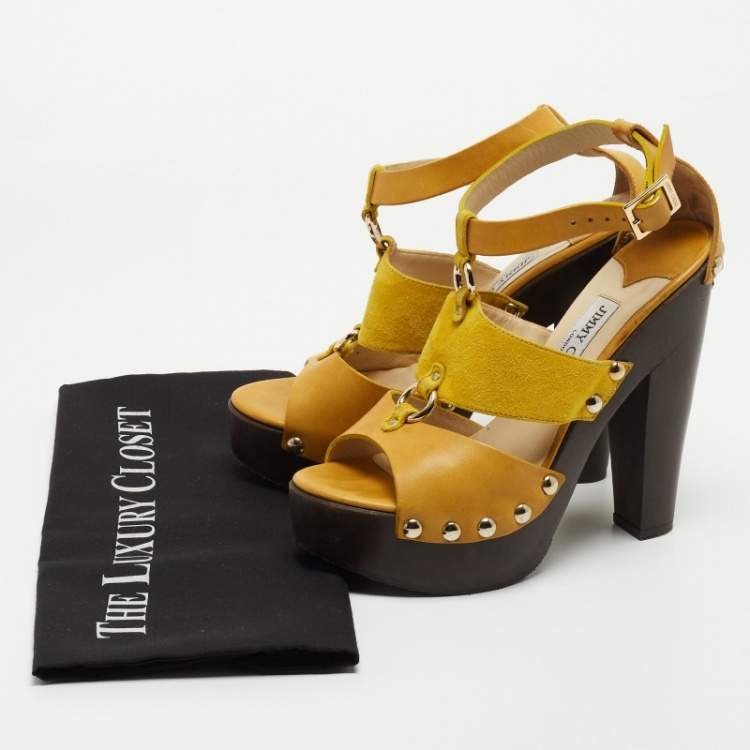 Pre Owned Jimmy Choo Yellow Leather and Suede Platform Ankle Strap Sandals Size 37.5