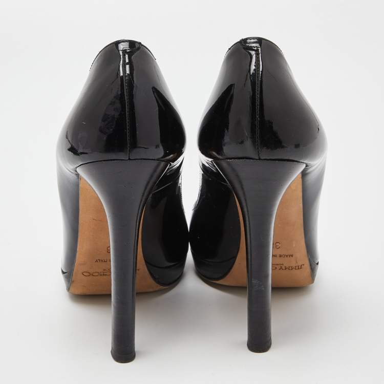 Pre Owned Jimmy Choo Black Patent Leather Peep Toe Platform Pumps Size 38