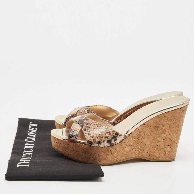 Pre Owned Jimmy Choo Brown/Beige Python Embossed Leather Prima Platform Wedge Sandals Size 38