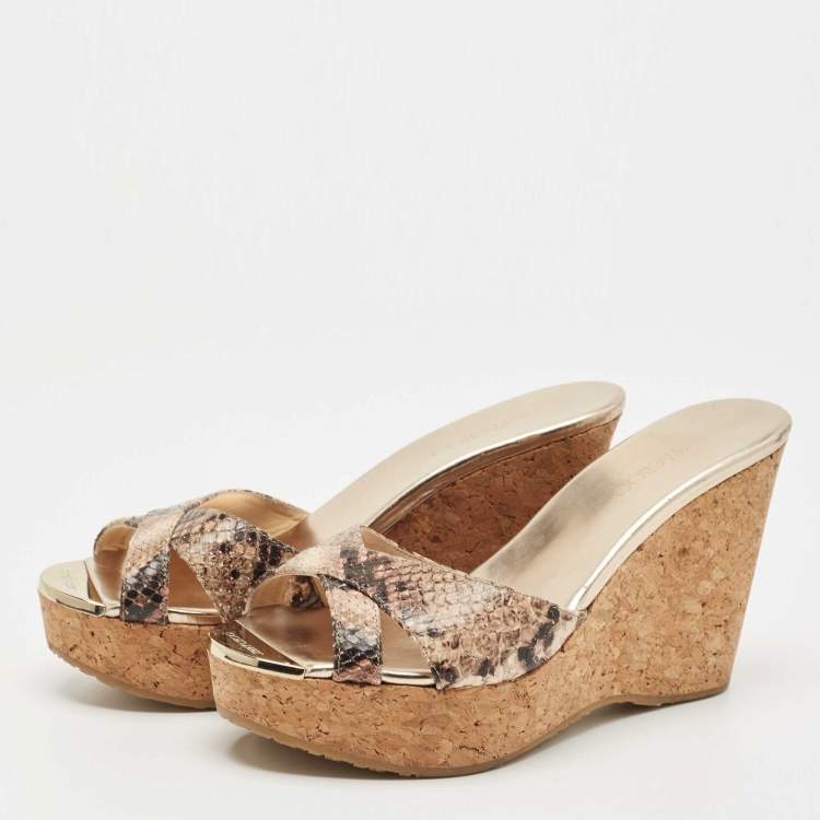 Pre Owned Jimmy Choo Brown/Beige Python Embossed Leather Prima Platform Wedge Sandals Size 38