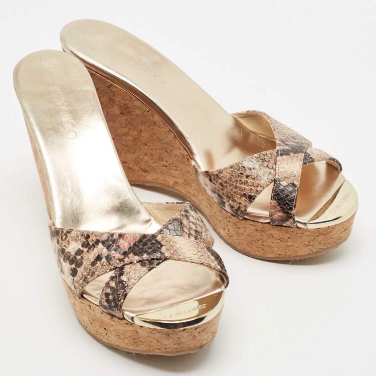 Pre Owned Jimmy Choo Brown/Beige Python Embossed Leather Prima Platform Wedge Sandals Size 38