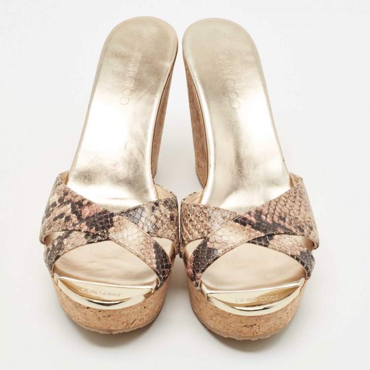 Pre Owned Jimmy Choo Brown/Beige Python Embossed Leather Prima Platform Wedge Sandals Size 38