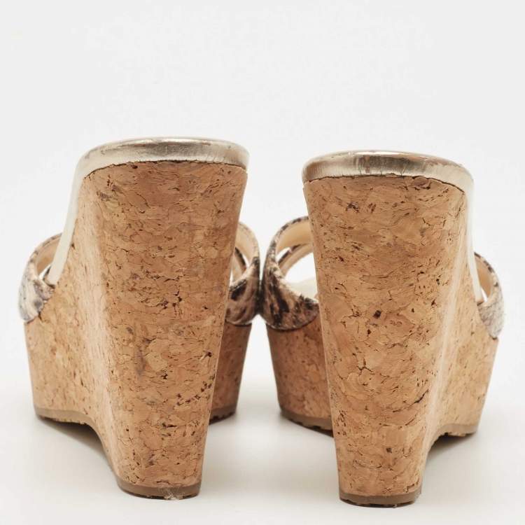 Pre Owned Jimmy Choo Brown/Beige Python Embossed Leather Prima Platform Wedge Sandals Size 38