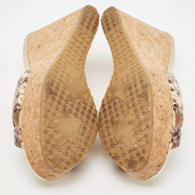 Pre Owned Jimmy Choo Brown/Beige Python Embossed Leather Prima Platform Wedge Sandals Size 38