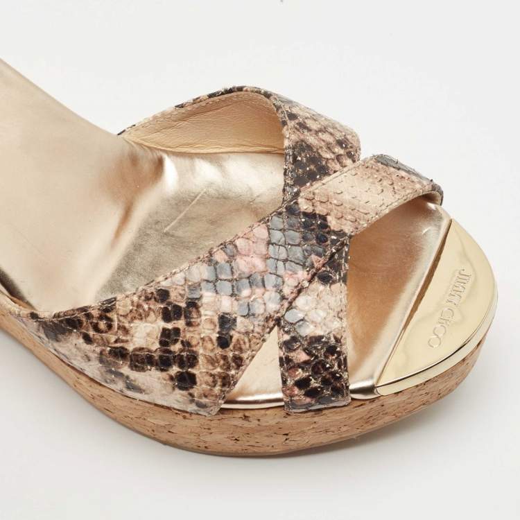 Pre Owned Jimmy Choo Brown/Beige Python Embossed Leather Prima Platform Wedge Sandals Size 38