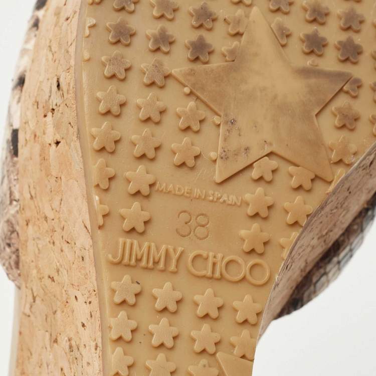 Pre Owned Jimmy Choo Brown/Beige Python Embossed Leather Prima Platform Wedge Sandals Size 38