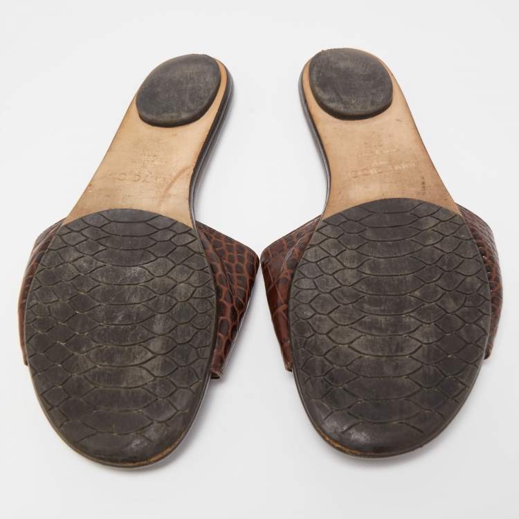 Pre Owned Jimmy Choo Brown Croc Embossed Leather Nanda Slides Size 38.5