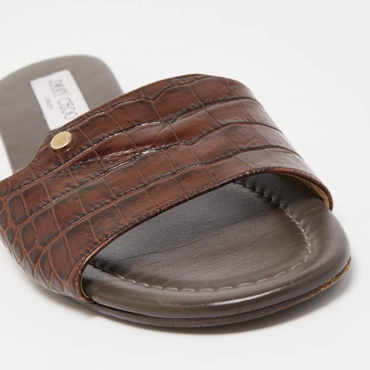 Pre Owned Jimmy Choo Brown Croc Embossed Leather Nanda Slides Size 38.5