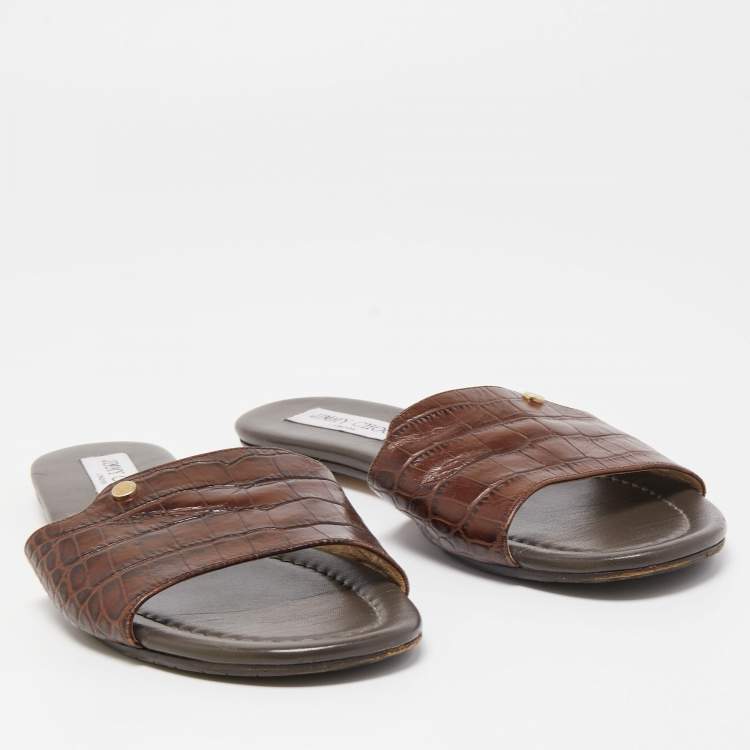 Pre Owned Jimmy Choo Brown Croc Embossed Leather Nanda Slides Size 38.5