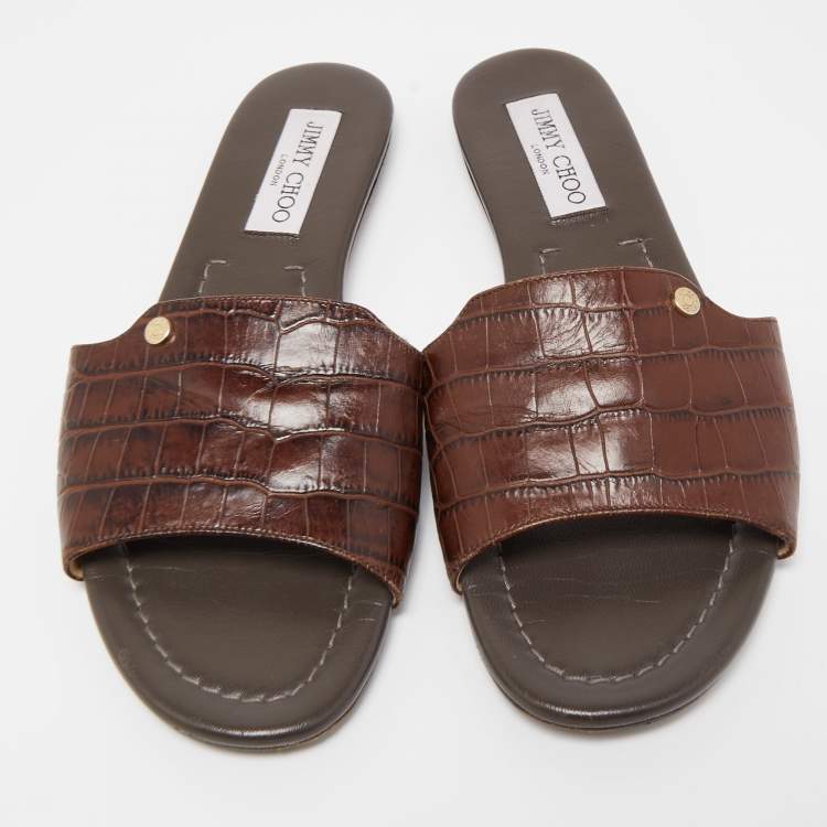 Pre Owned Jimmy Choo Brown Croc Embossed Leather Nanda Slides Size 38.5