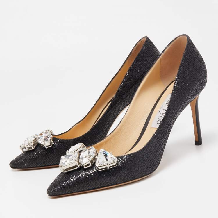 Pre Owned Jimmy Choo Black Glitter Fabric Marvel Pumps Size 40