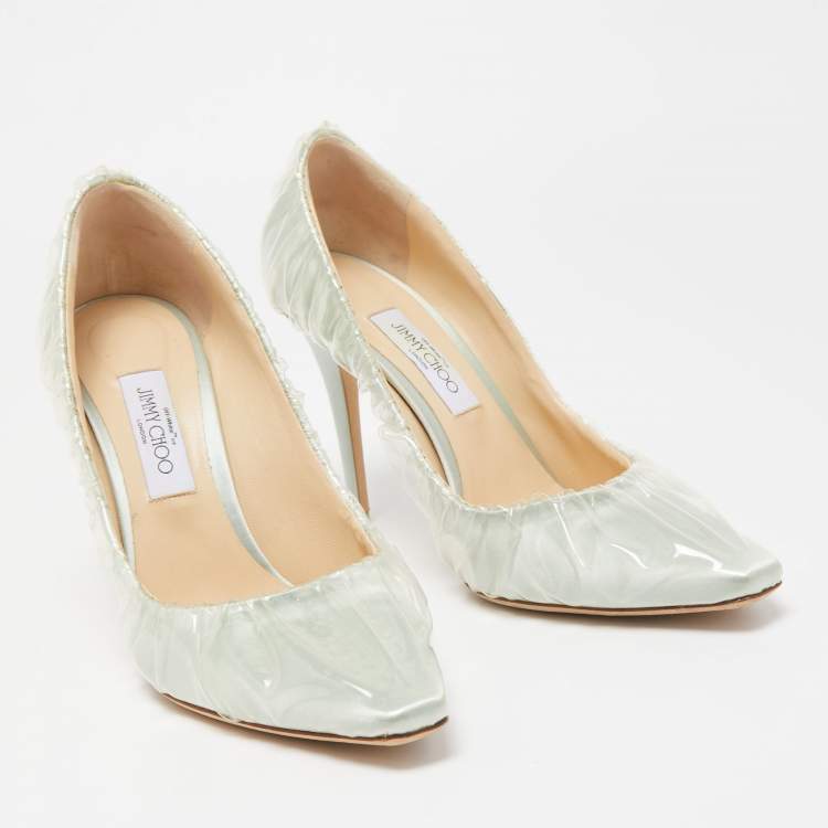 Pre Owned Jimmy Choo x Off-White Light Green Satin and Pleated PVC Anne Pumps Size 41