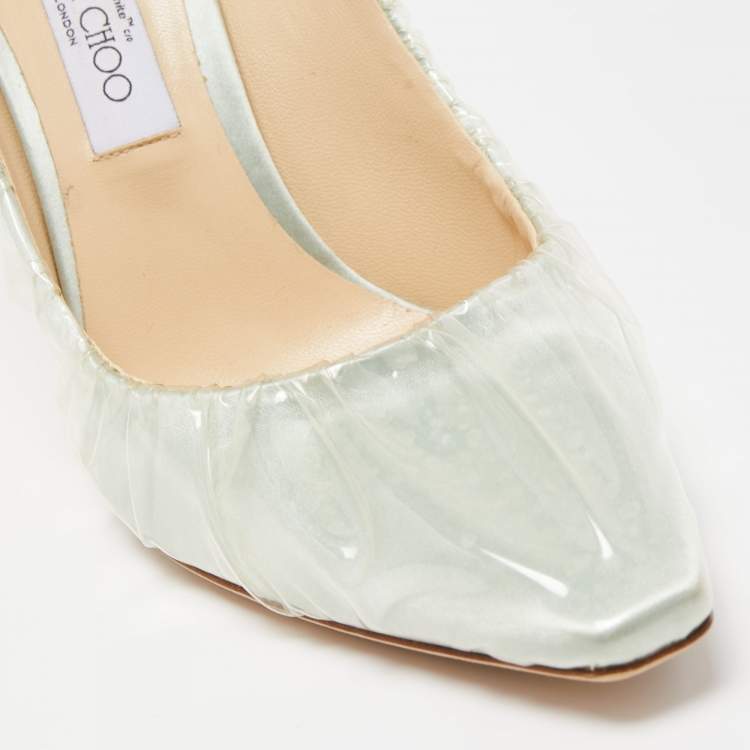 Pre Owned Jimmy Choo x Off-White Light Green Satin and Pleated PVC Anne Pumps Size 41