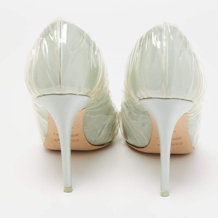 Pre Owned Jimmy Choo x Off-White Light Green Satin and Pleated PVC Anne Pumps Size 41