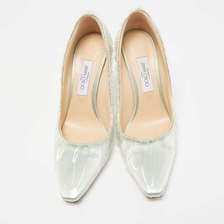 Pre Owned Jimmy Choo x Off-White Light Green Satin and Pleated PVC Anne Pumps Size 41