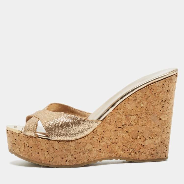 Pre Owned Jimmy Choo Gold Glitter Leather Prima Wedge Platform Sandals Size 36