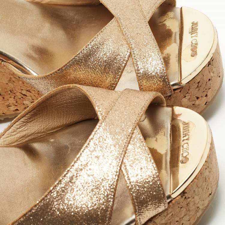 Pre Owned Jimmy Choo Gold Glitter Leather Prima Wedge Platform Sandals Size 36