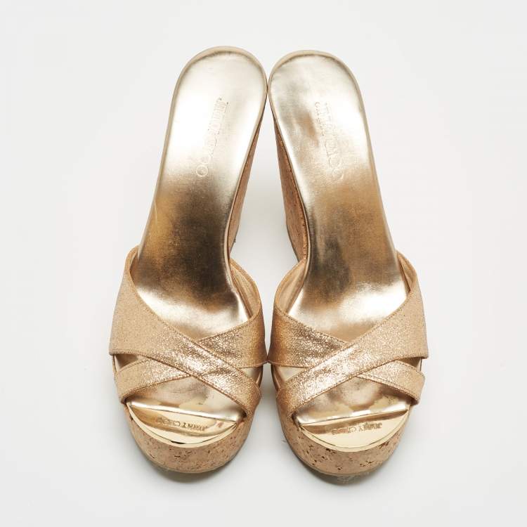 Pre Owned Jimmy Choo Gold Glitter Leather Prima Wedge Platform Sandals Size 36