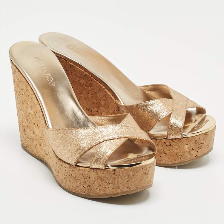 Pre Owned Jimmy Choo Gold Glitter Leather Prima Wedge Platform Sandals Size 36