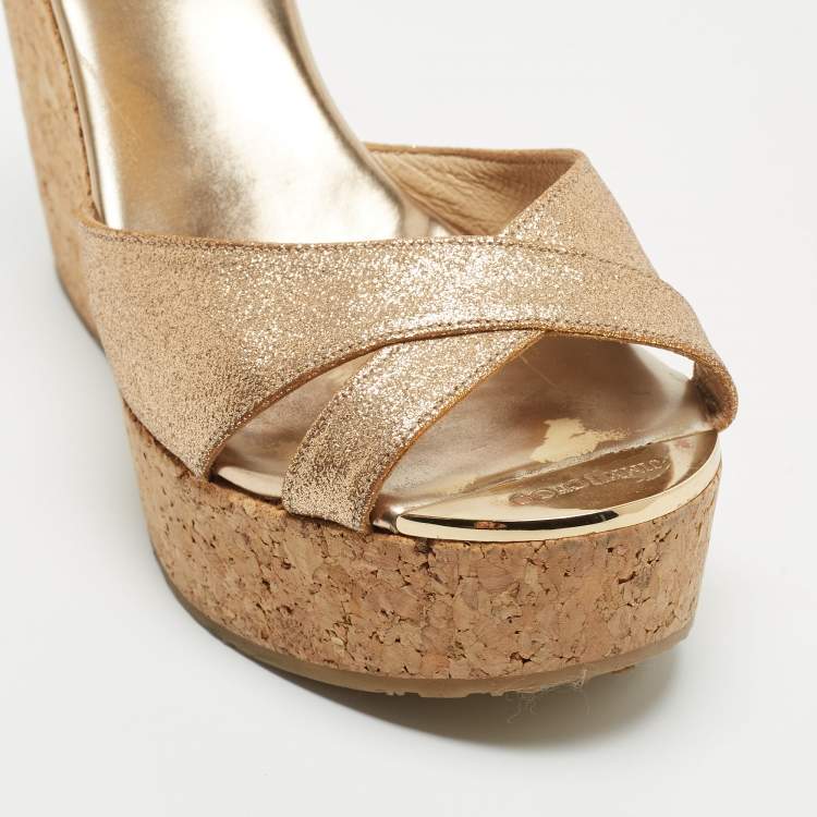 Pre Owned Jimmy Choo Gold Glitter Leather Prima Wedge Platform Sandals Size 36