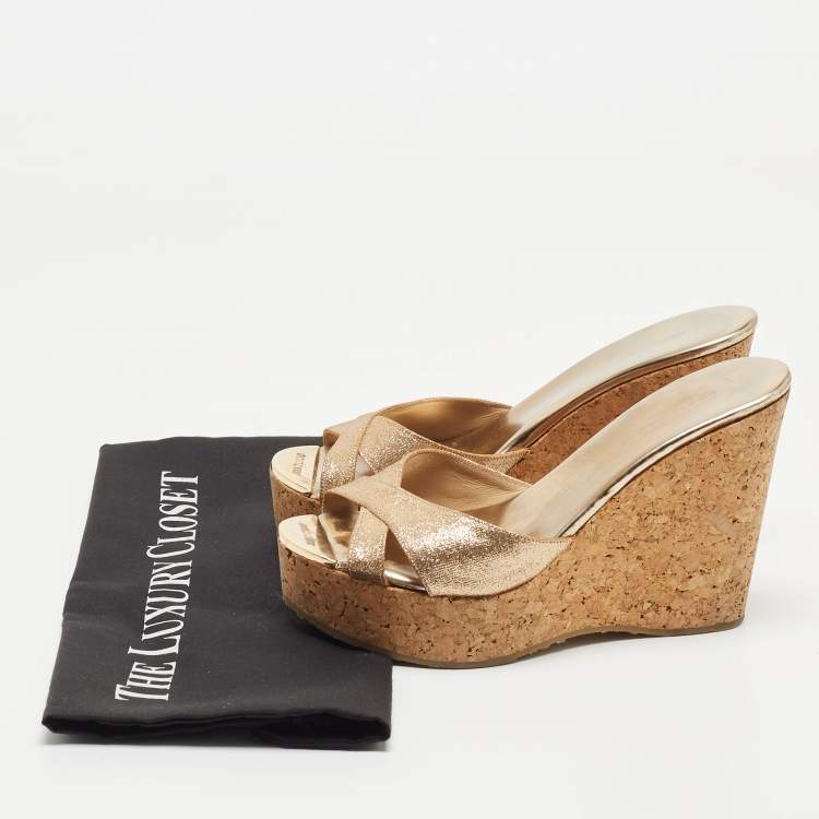 Pre Owned Jimmy Choo Gold Glitter Leather Prima Wedge Platform Sandals Size 36
