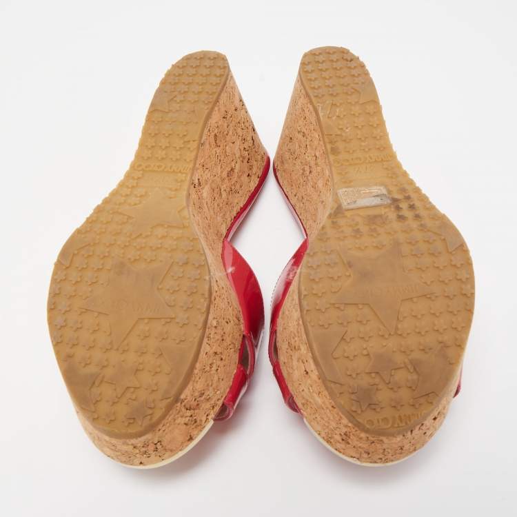 Pre Owned Jimmy Choo Pink Patent Leather Prima Cork Wedge Platform Sandals Size 37.5