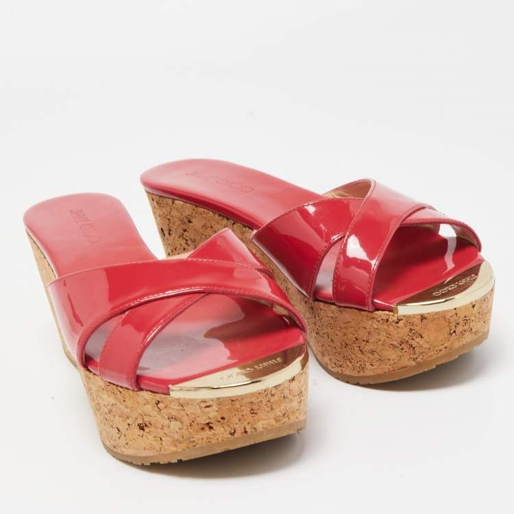 Pre Owned Jimmy Choo Pink Patent Leather Prima Cork Wedge Platform Sandals Size 37.5