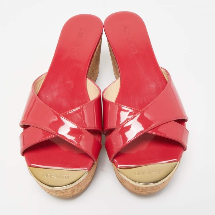 Pre Owned Jimmy Choo Pink Patent Leather Prima Cork Wedge Platform Sandals Size 37.5