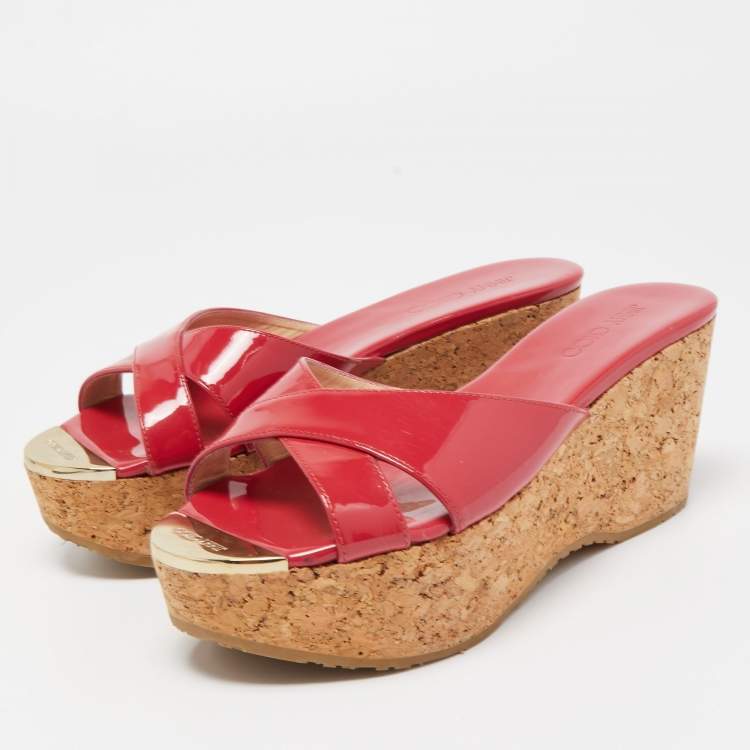 Pre Owned Jimmy Choo Pink Patent Leather Prima Cork Wedge Platform Sandals Size 37.5