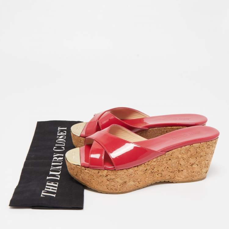 Pre Owned Jimmy Choo Pink Patent Leather Prima Cork Wedge Platform Sandals Size 37.5