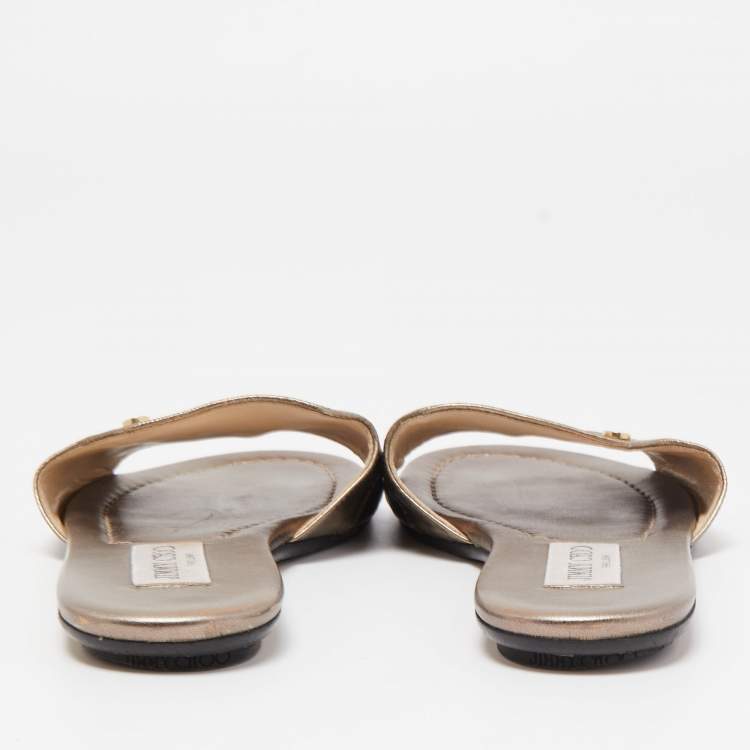 Pre Owned Jimmy Choo Metallic Leather Nanda Flat Slides Size 37.5