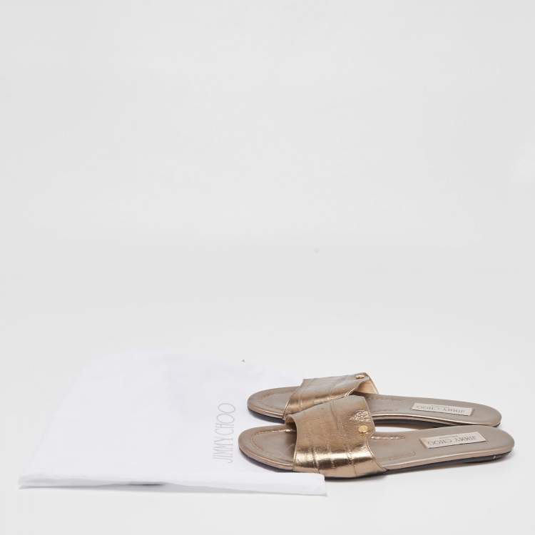 Pre Owned Jimmy Choo Metallic Leather Nanda Flat Slides Size 37.5